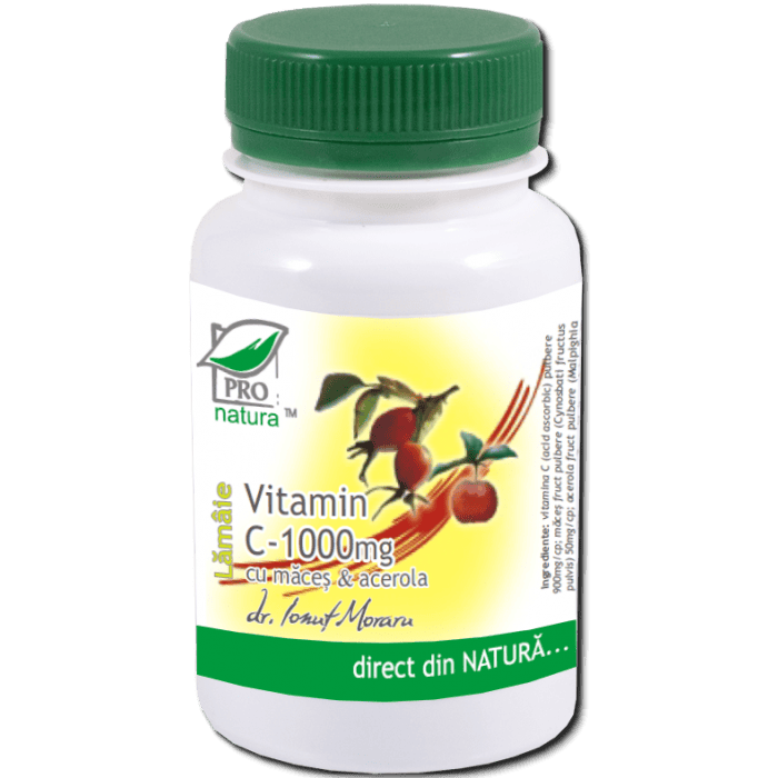 Vitamina C 1000 mg cu macese si acerola - lamaie - 100cp - Medica